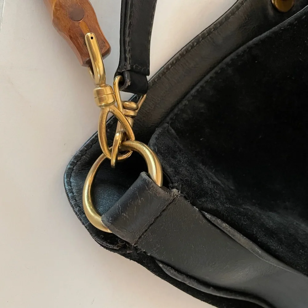 Gucci Suede Leather Bamboo Handle bag w/Strap Black Vintage - Picture 11 of 16